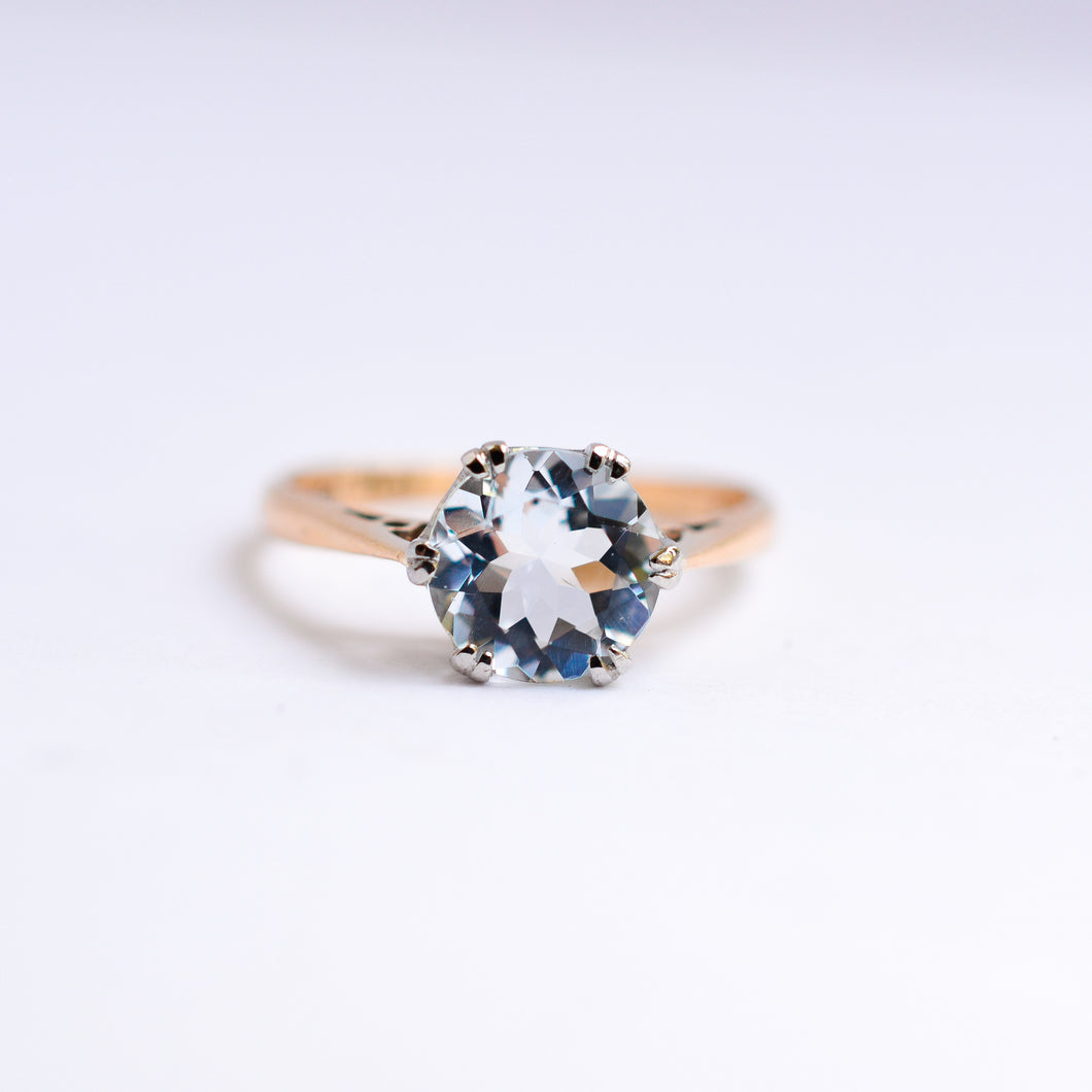 Mid Century Gold Aqua Solitaire Ring