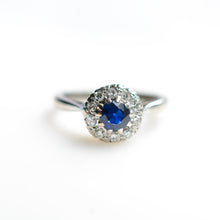 Load image into Gallery viewer, Platinum Royal Blue Sapphire &amp; Diamond Cluster Ring
