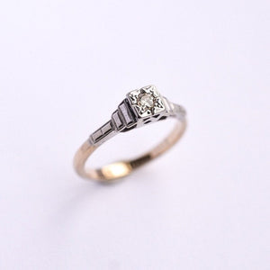 Geometric mid century diamond solitaire engagement ring