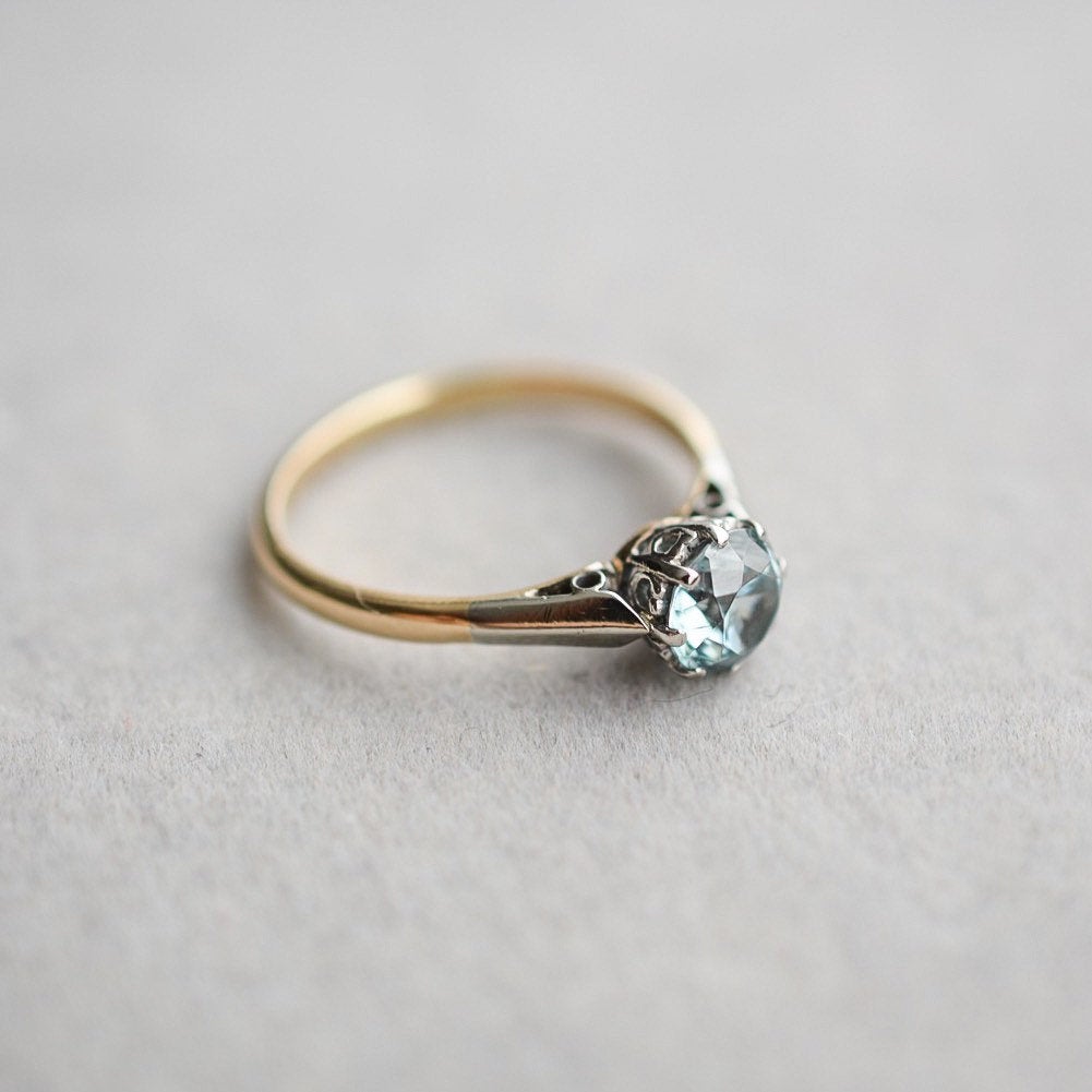 Vintage blue zircon gold and platinum solitaire ring