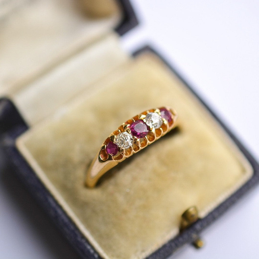 Late Victorian 18ct ruby and diamond five stone ring