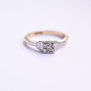 Geometric mid century diamond solitaire engagement ring