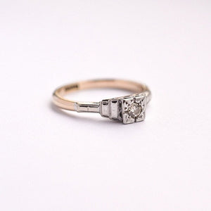 Geometric mid century diamond solitaire engagement ring